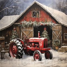 a painting of an old red tractor in front of a barn with christmas wreaths