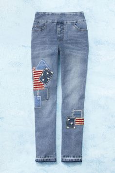 Show your spirit in these patched ankle jeans, with mixed stars and stripes on both legs. Soft-brushed stretch denim has 5-pocket styling with raw-edge hems. Slightly fitted through hips and thighs. Knee Patch Jeans, Jean Patches Ideas, Flannel Patched Jeans, Patchwork Denim Jeans, Painted Jeans, Knee Patches, Lace Jacket, Patched Jeans, Denim Accessories