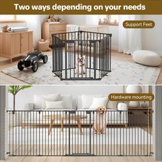 a dog in a cage with the words two ways defending on your needs support feet