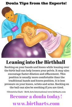 an advertisement for the birth day event with a woman laying on a ball and a man standing