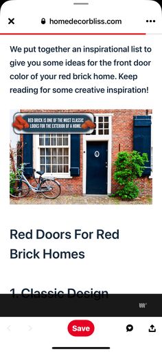 the red doors for red brick homes website is displayed on an iphone screen with text