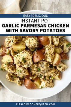 garlic parmesan chicken with savory potatoes in a white bowl on a table