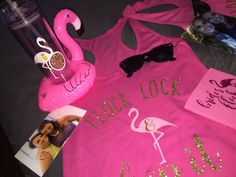 pink tank top with flamingos and sunglasses on it next to other items that include an instagram sticker