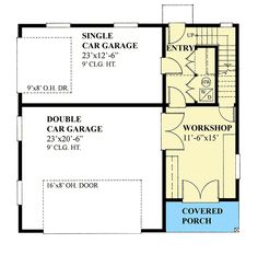 the floor plan for a two story house with garage and living area in each section