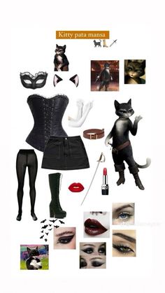 an image of a woman's costume with cats on her head and other items