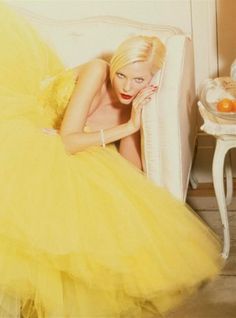 Nadja Auermann by Ellen Von Unwerth Yellow Tulle Dress, Strictly Ballroom, Arthur Elgort, Nadja Auermann, Ellen Von Unwerth, Rockabilly Style, Christian Dior Couture, Yellow Wedding, Sarah Jessica Parker