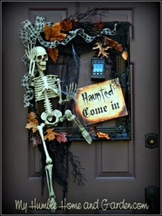 a skeleton is standing in front of a door with a sign that says, harry's come in