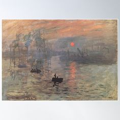 a painting with boats in the water at sunset