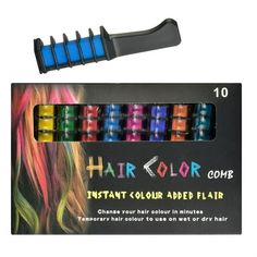 Description: 10 TEMPORARY GLITTER COLORS HAIR CHALK COMBS - Just pick up one color or mix the color to DIY your hair color. Give your hair as zippy as you like. Fantastic and unique gift for kids or adults SAFE - These hair chalks are made of environmental friendly material,and it's not PERMANENT! It will not harm your hair. These hair color comb is safe for children teen aged 3+. Be assured to use,but don't put it in your mouth 1* Hair Chalk Combs USE ADVICE-These hair chalk work great on the l Chalk Hair, Wash Out Hair Color, Hair Dye Brush, Grey Hair Dye, Temporary Hair Dye, Unique Gifts For Kids, Hair Chalk, Temporary Hair Color, Brush Hair