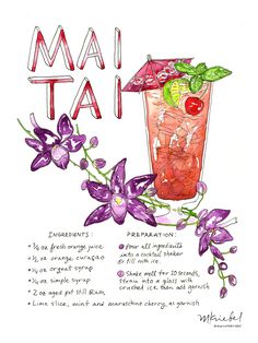 a drawing of a cocktail with flowers and the words ma ta