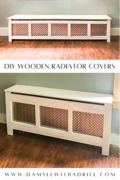 the before and after photo shows how to make a diy wooden radiator cover