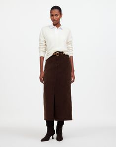 36' long (based on size 6). 89% cotton/9% viscose/2% elastane. Pockets. Machine wash. Imported. Madewell.com only. Corduroy Skirt Outfit, Corduroy Midi Skirt, Millennial Fashion, Senior Fashion, Winter Shopping, Millennials Fashion, Skirts Denim, My Shopping List, Denim Skirts