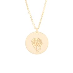 The Gold January Carnation Flower Pendant is a great gift to celebrate a birth month with a symbolic  wearable flower pendant.  The Carnation symbolizes admiration  love and distinction.  Treat yourself to this meaningful pendant or gift it to celebrate a special woman in your life. January Flower, January Carnation, Flower Carnation, January Birth Flower, January Birth Flowers, Lehenga Red, Engraved Flower, Family Tree Necklace, Birthday Jewelry