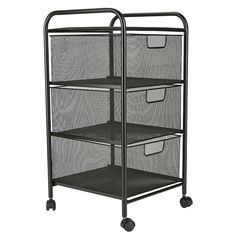 three tiered metal cart with mesh baskets on the top and bottom shelves, black