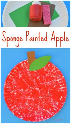 an apple paper plate craft for kids with the words sponge painted apple on it and two apples