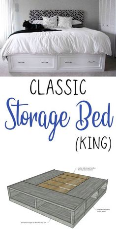 an image of a bed with storage drawers on the top and bottom, along with text that reads classic storage bed king