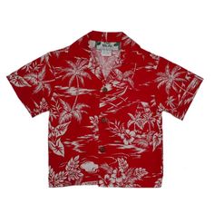 Vintage Boy's Hawaiian Shirt Red Red Camp Collar Top For Summer, Red Beach Shirt For Summer, Red Summer Beach Shirt, Red Hawaiian Shirt With Tropical Print, Red Tropical Print Hawaiian Shirt, Red Short Sleeve Shirt For Vacation, Red Short Sleeve Vacation Shirt, Red Tropical Hawaiian Shirt For Beach Season, Red Collared Hawaiian Top