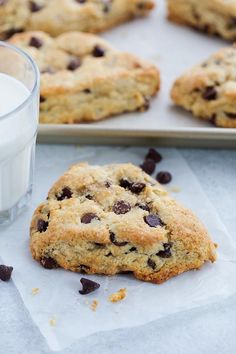 chocolate chip cookies next to a glass of milk