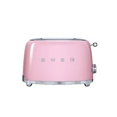 a pink toaster with the word smeg on it's front and side