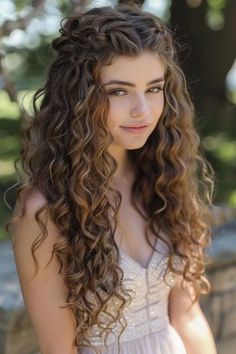 Summer holiday hairstyles are all about practicality, comfort, and a touch of fun. Whether you're lounging by the pool, attending a beach party, or exploring a new city, these styles will keep you looking chic and cool. Naturally Curly Prom Hairstyles For Medium Hair, Curly Hair For Prom All Down, Long Curly Hair Braid Styles, Natural Curly Hoco Hairstyles, Natural Curly Hairstyles With Braids, Grad Hairstyles For Curly Hair, Long Natural Curly Hair Wedding Styles, Curly Hairstyles Elegant Wedding, Naturally Curly Prom Hairstyles