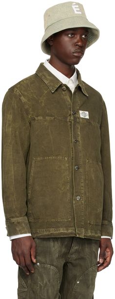 Garment-dyed cotton- and linen-blend canvas jacket. Fading and whiskering throughout. · Spread collar · Button closure · Logo patch at chest · Welt and patch pockets · Logo hardware at side · Single-button cuffs · Unlined · Logo-engraved silver-tone hardware Supplier color: Brown Button-up Washed Utility Jacket For Workwear, Button-up Workwear Outerwear With Pockets, Rugged Utility Jacket With Double-needle Stitching For Outdoor, Men’s Chore Jacket, Single-breasted Collared Cotton Utility Jacket, Worker Jacket, Canvas Jacket, Mens Linen, Silver Engraving