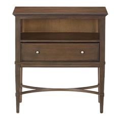 a wooden night stand with two drawers on one side and an open drawer on the other