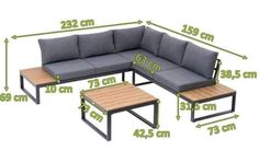 a couch and coffee table are shown with measurements for the sectional seating area on each side