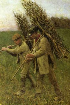 two men walking through a field carrying bundles of sticks