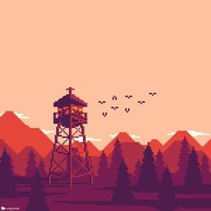 an old pixellated image of a tower in the middle of trees with birds flying over it