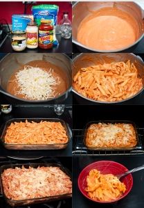 the steps to make pasta and cheese casserole are shown in different stages, including cooking