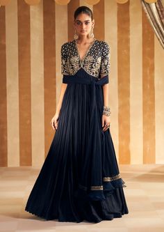 Navy Zarqaa Anarkali And Dupatta by Ridhi Mehra, available on Indiaspopup.com Velvet Anarkali, Shalwar Kameez Designs, 2024 Clothes, Ridhi Mehra, Blue Anarkali, Indian Wedding Gowns, Long Anarkali, Kameez Designs, Embroidered Anarkali