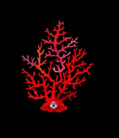 a red coral with an eye on it's face in front of a black background