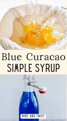 blue curacao syrup in a glass bottle next to an image of orange juice