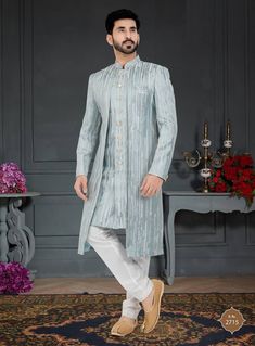 Kurta Jacket Sets - Shop stylish Kurta Jackets for men online at Mirraw, we offer trending Kurta Jackets from our designer collection at best discounted prices ✔ Low Cost Shipping for UK, US ✔ Easy Returns #kurtajacket #kurtajacket Marriage Dress For Groom, Western Dress For Men, Indo Western Dress For Men, Marriage Dress, Mens Sherwani, Wedding Sherwani, Silk Pajama