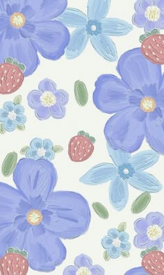 blue flowers and strawberries are painted on a white background with pink, purple, and green leaves