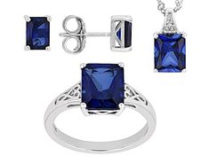 8.48ctw Rectangular Octagonal Lab Created Blue Sapphire Rhodium Over Sterling Silver Jewelry Set. Ring Measures Approximately 0.33"L x 0.39"W. Not sizeable. Earrings Measures Approximately 0.30"L x 0.21"W. Push backings. Pendant Measures Approximately 0.63"L x 0.31"W. 2mm bail. Lobster clasp with 2"extender. Formal Gia Certified Sapphire Jewelry, Fine Jewelry Sapphire Square Cut, Sapphire Jewelry With Diamond Accents And Radiant Cut, Silver Sapphire Square Cut Jewelry, Sapphire Cubic Zirconia Jewelry In Radiant Cut, Sapphire Colored Cubic Zirconia Jewelry, Radiant Cut, Silver Sapphire Jewelry With Square Cut, Fine Jewelry Square Cut Sapphire, Silver Square Cut Sapphire Jewelry