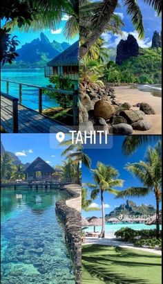 three different pictures with the words tahiti written in white and blue on them, along with some palm trees