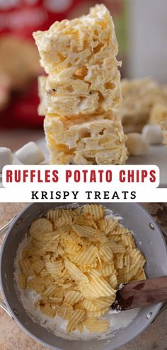 two pictures with the words ruffles potato chips and krispy treats in them