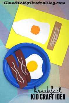 an egg and bacon on a blue plate next to a yellow postcard with the words breakfast kid craft idea