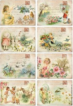 six vintage children's postcards with flowers and animals