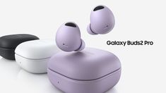 three different colored earbuds with the words galaxy buds pro above them on a white background