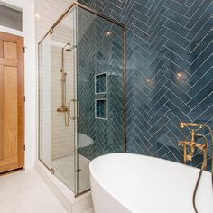 Real People, Real Projects® Gallery | Floor & Decor Herringbone Bathroom Tile, Historical Home Renovation, Blue Herringbone Tile, Herringbone Bathroom, Gorgeous Bathroom, Herringbone Tile, Bathroom Tile, Traditional Bathroom, Custom Home Builders