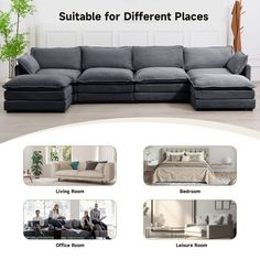 the sectional sofa is shown with different types of furniture in it and features pictures of people sitting on couches