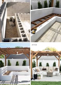 four different views of an outdoor living room and patio with steps, seating areas, and pergolated area