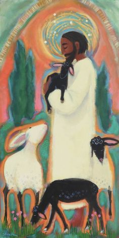 a painting of a person holding a dog and sheep