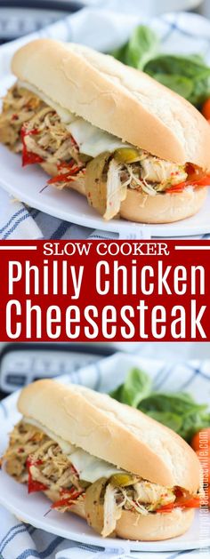 two plates with sandwiches on them and the words slow cooker phily chicken cheesesteak