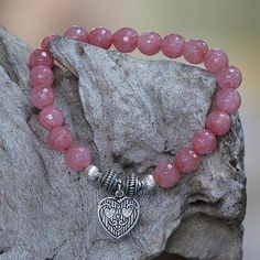 Agate beaded stretch bracelet, 'Sentimental Charm' - Pink Agate and Heart Charm Beaded Bracelet from Bali Striped Heart, Charm Beaded Bracelet, Valentines Bracelets, Beads Bracelet Design, Rosy Pink, Pink Agate, Handmade Jewelry Diy, Bead Charm Bracelet, Pink Gemstones