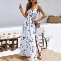 Floral Summer Boho Maxi Dress Price: 64.00 & FREE Shipping #dreamcatcherbali #nativeamericanmade#boho #gypsybracelet #spiritjunkie #meditationtools Boho Chiffon Dress, Long Dress Plus Size, Halter Dress Summer, Floral Halter Dress, Sleeveless Outfit, Women Halter, Floral Sundress, Maxi Robes