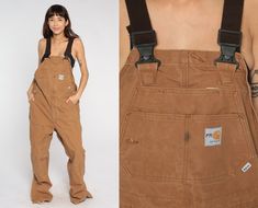 "Vintage 00s Carhartt overalls in brown with wide baggy legs and pockets. Please see measurements and condition below. Every garment we sell is authentic vintage and one-of-a-kind! You will receive the exact item photographed. Condition: Very good Best fits men's: Labelled 38 x 32 Tag: Carhartt Material: Cotton MEASUREMENTS Taken from seam to seam while the garment is lying flat. Double the armpit, waist, and hips For reference, model is 5'9\" and measures 35-26-37. Length from Top: 64\" Waist: Carhartt Overalls Mens, Overalls Y2k, Workwear Jumpsuit, Coveralls Workwear, Brown Suspenders, Carhartt Overalls, Workwear Overalls, Brown Streetwear, Vintage Overalls