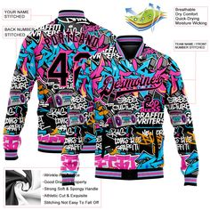 Custom Graffiti Pattern Black Pink Grunge Urban Street Art 3D Bomber Full-Snap Varsity Letterman Jacket Multicolor Varsity Jacket For Streetwear, Customizable Winter Outerwear For Streetwear, Hip Hop Varsity Jacket With Letter Print, Casual Customizable Outerwear For Streetwear, Graffiti Pattern, Pink Grunge, Custom Sportswear, Varsity Letterman Jackets, Urban Street Art